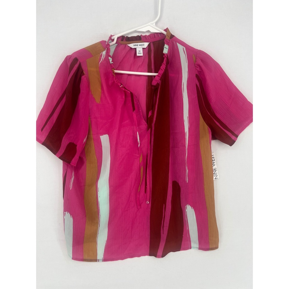 Nine West Womens Pink Abstract Paint Stroke Front Tie Blouse Top Size M NEW